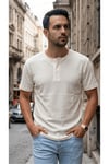 Erkek Beyaz Henley Yaka Tişört Üç Düğmeli Patlı Fitilli Regular T-shirt