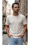 Erkek Beyaz Henley Yaka Tişört Üç Düğmeli Patlı Fitilli Regular T-shirt