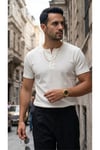 Erkek Beyaz Henley Yaka Tişört Üç Düğmeli Patlı Fitilli Regular T-shirt