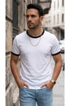 Erkek Beyaz Renkli Tişört Bisiklet Yaka Kol Garnili Regular T-shirt