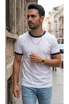 Erkek Beyaz Renkli Tişört Bisiklet Yaka Kol Garnili Regular T-shirt