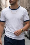 Erkek Beyaz Renkli Tişört Bisiklet Yaka Kol Garnili Regular T-shirt