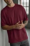 Erkek Bordo Basic Düz Baskısız Oversize Salas T-Shirt