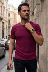Erkek Bordo Bisiklet Yaka Fitilli Örme Dik Çizgi Regular Kalıp Kısa Kol Tişört