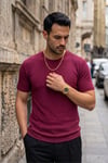 Erkek Bordo Bisiklet Yaka Fitilli Örme Dik Çizgi Regular Kalıp Kısa Kol Tişört