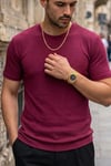 Erkek Bordo Bisiklet Yaka Fitilli Örme Dik Çizgi Regular Kalıp Kısa Kol Tişört