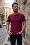 Erkek Bordo Bisiklet Yaka Fitilli Örme Dik Çizgi Regular Kalıp Kısa Kol Tişört