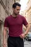 Erkek Bordo Bisiklet Yaka Fitilli Örme Dik Çizgi Regular Kalıp Kısa Kol Tişört