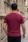 Erkek Bordo Bisiklet Yaka Fitilli Örme Dik Çizgi Regular Kalıp Kısa Kol Tişört