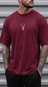 Erkek Bordo Geyik Baskılı Oversize Fit Bol Geniş Kalıp Salaş Kesim T-shirt