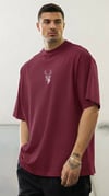 Erkek Bordo Geyik Baskılı Oversize Fit Bol Geniş Kalıp Salaş Kesim T-shirt