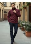 Erkek Bordo Italyan Reglan Kol Detaylı Kalın Balıkçı Yaka Boğazlı Regular %100 Pamuk Triko Kazak