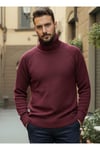 Erkek Bordo Italyan Reglan Kol Detaylı Kalın Balıkçı Yaka Boğazlı Regular %100 Pamuk Triko Kazak