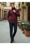 Erkek Bordo Italyan Reglan Kol Detaylı Kalın Balıkçı Yaka Boğazlı Regular %100 Pamuk Triko Kazak