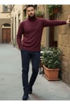 Erkek Bordo Italyan Reglan Kol Detaylı Kalın Balıkçı Yaka Boğazlı Regular %100 Pamuk Triko Kazak