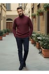 Erkek Bordo Italyan Reglan Kol Detaylı Kalın Balıkçı Yaka Boğazlı Regular %100 Pamuk Triko Kazak