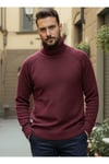 Erkek Bordo Italyan Reglan Kol Detaylı Kalın Balıkçı Yaka Boğazlı Regular %100 Pamuk Triko Kazak