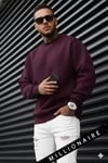 Erkek Bordo Koyu Vişne Çürüğü Basic 0 Sıfır Yaka Baskısız Düz Oversize Salaş Bol Kesim Sweatshirt