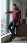 Erkek Bordo Yarım Balıkçı Yaka Standart Normal Kesim Regular Fit Akrilik Karışımlı Triko Kazak