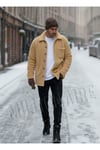 Erkek Camel Peluş Gömlek Yaka Modeli Düğmeli Ceket Hırka Mont Sweatshirt Polar