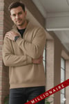 Erkek Camel Taş Kum Bej Balıkçı Yaka 3 Iplik Içi Polarlı Şardonlu Oversize Sweatshirt