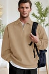Erkek Camel Yarım Fermuar Polo Yaka 3 İplik İçi Polarlı Şardonlu Oversize Sweatshirt