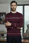 Erkek Çizgi Detaylı Bordo Bisiklet Yaka Standart Normal Kesim Regular Fit Karışımlı Triko Kazak