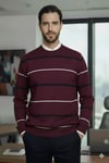 Erkek Çizgi Detaylı Bordo Bisiklet Yaka Standart Normal Kesim Regular Fit Karışımlı Triko Kazak