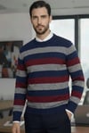 Erkek Çizgi Detaylı Gri Lacivert Bordo Bisiklet Yaka Standart Normal Kesim Regular Fit Karışımlı Triko Kazak