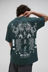 Erkek Dragon Baskılı Petrol Yeşili Bisiklet Yaka Oversize Salaş T-Shirt
