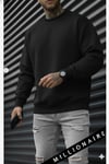 Erkek Düz Siyah Basic Baskısız Sıfır Bisiklet Yaka Oversize Salaş Sweatshirt Sweat