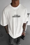 Erkek Ekru Beyaz Creatures Oversize Fit Bol Geniş Kalıp Salaş Kesim T-shirt