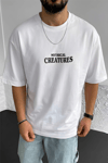 Erkek Ekru Beyaz Creatures Oversize Fit Bol Geniş Kalıp Salaş Kesim T-shirt