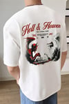 Erkek Ekru Beyaz Devil And Angel Oversize Fit Bol Geniş Kalıp Salaş Kesim T-shirt