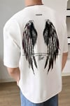 Erkek Ekru Beyaz Freedom Kanat Baskılı Oversize Salaş T-Shirt