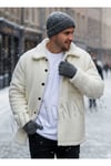 Erkek Ekru Beyaz Peluş Gömlek Yaka Modeli Düğmeli Ceket Hırka Mont Sweatshirt Polar