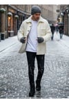 Erkek Ekru Beyaz Peluş Gömlek Yaka Modeli Düğmeli Ceket Hırka Mont Sweatshirt Polar