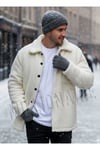 Erkek Ekru Beyaz Peluş Gömlek Yaka Modeli Düğmeli Ceket Hırka Mont Sweatshirt Polar