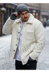 Erkek Ekru Beyaz Peluş Gömlek Yaka Modeli Düğmeli Ceket Hırka Mont Sweatshirt Polar