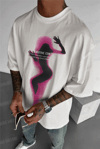 Erkek Ekru Beyaz Siluet Sensitive Content Oversize Fit Bol Geniş Kalıp Salaş Kesim T-shirt