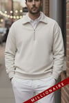 Erkek Ekru Kırık Beyaz Yarım Fermuar Polo Yaka 3 İplik İçi Polarlı Şardonlu Oversize Sweatshirt