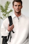 Erkek Ekru Kırık Beyaz Yarım Fermuar Polo Yaka 3 İplik İçi Polarlı Şardonlu Oversize Sweatshirt