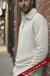 Erkek Ekru Kırık Beyaz Yarım Fermuar Polo Yaka 3 İplik İçi Polarlı Şardonlu Oversize Sweatshirt