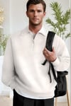 Erkek Ekru Kırık Beyaz Yarım Fermuar Polo Yaka Oversize Salaş Bol Kesim Polar Sweatshirt