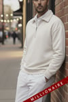 Erkek Ekru Kırık Beyaz Yarım Fermuar Polo Yaka 3 İplik İçi Polarlı Şardonlu Oversize Sweatshirt