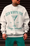 Erkek Erku Kırık Beyaz Club Martini Baskılı 0 Sıfır Yaka Oversize Salaş Bol Kesim Polar Sweatshirt