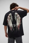 Erkek Freedom Kanat Baskılı Siyah Oversize Salaş T-Shirt