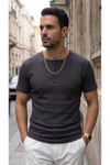 Erkek Füme Renkli Tişört Üç Düğmeli Patlı Fitilli Regular T-shirt