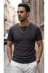Erkek Füme Renkli Tişört Üç Düğmeli Patlı Fitilli Regular T-shirt