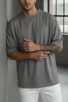 Erkek Gri Basic Düz Baskısız Oversize Salas Boyfriend T-Shirt
